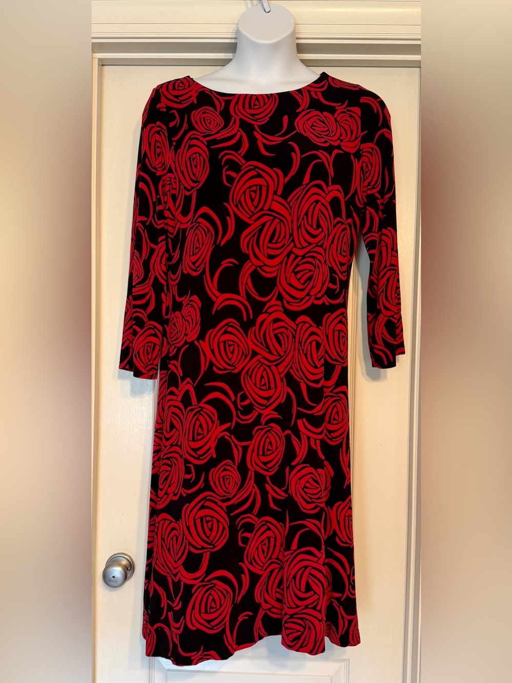 Chico’s Travelers Women's Black Midi Dress with Red Floral Print